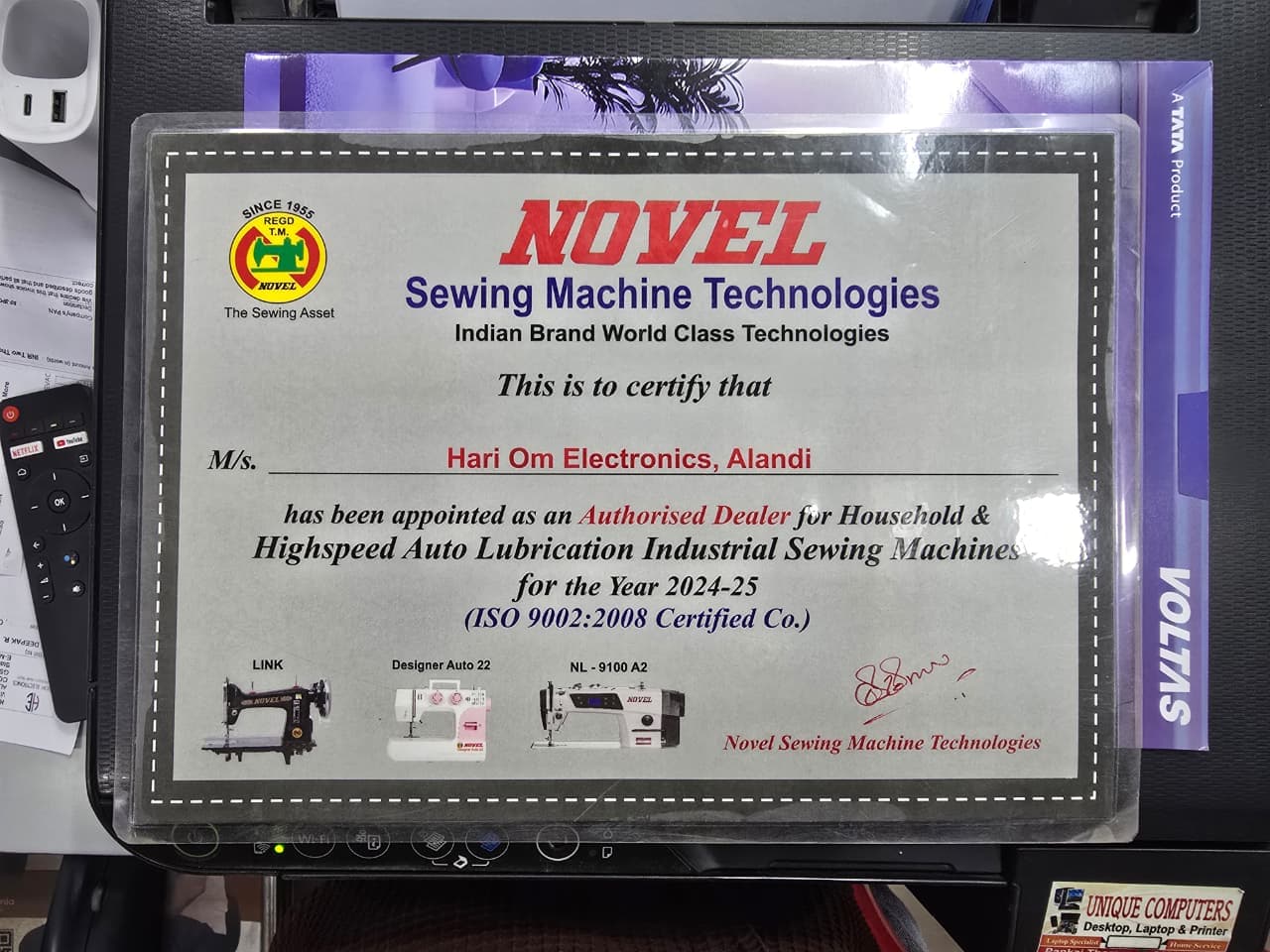 Novel Sewing Machine Technologies Dealer Certificate